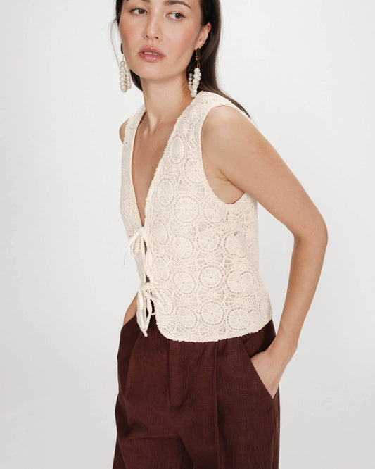 Vony Crochet V-Neck Top with Tie - Ecru