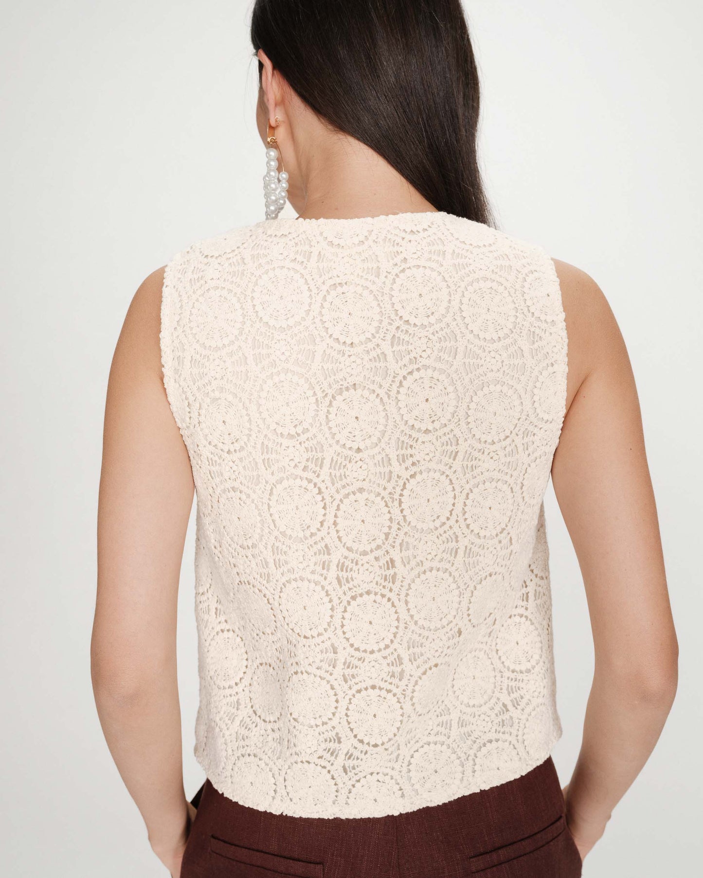 Vony Crochet V-Neck Top with Tie - Ecru