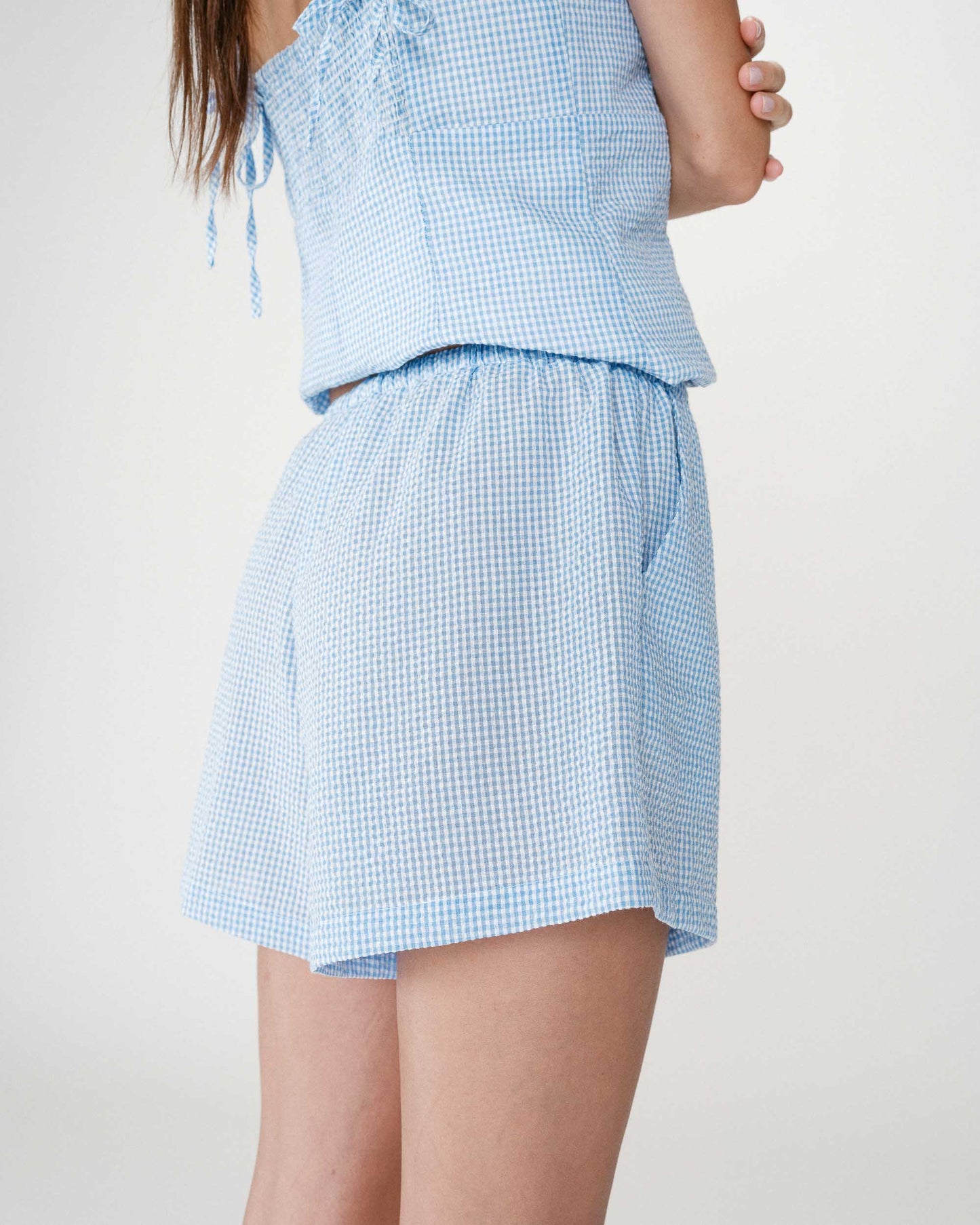 Waylen Gingham Cotton Shorts - Ciel