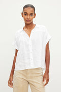 Aria Woven Linen S/S Button Up Top - White