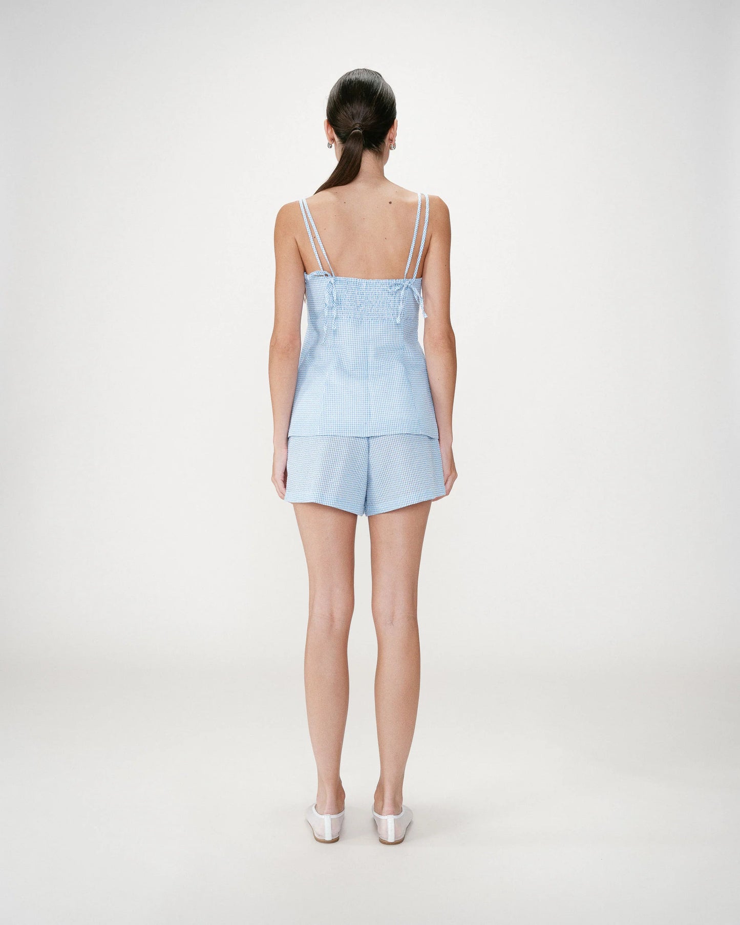 Wynel Fitted Gingham Cotton Square-Neck Top - Ciel