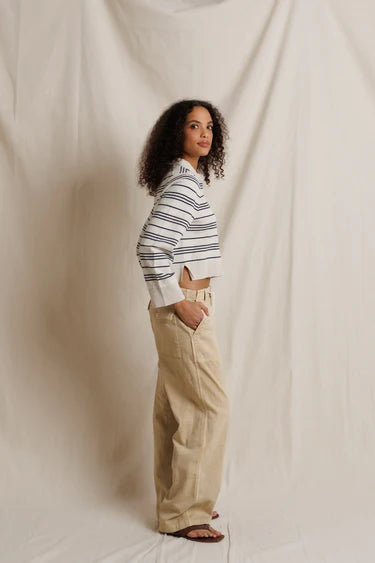 Ximena Striped Cotton Cashmere Cropped Sweater - Oatmeal Turbulence Stripe