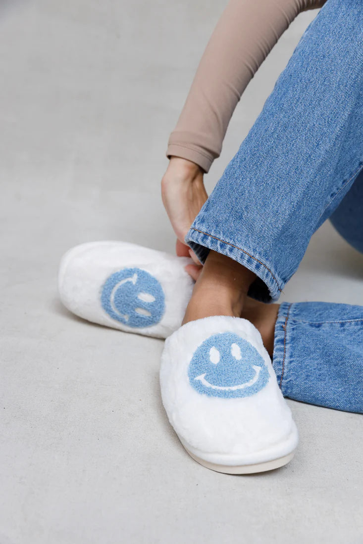 Baby Blue Smiley Plush Slippers
