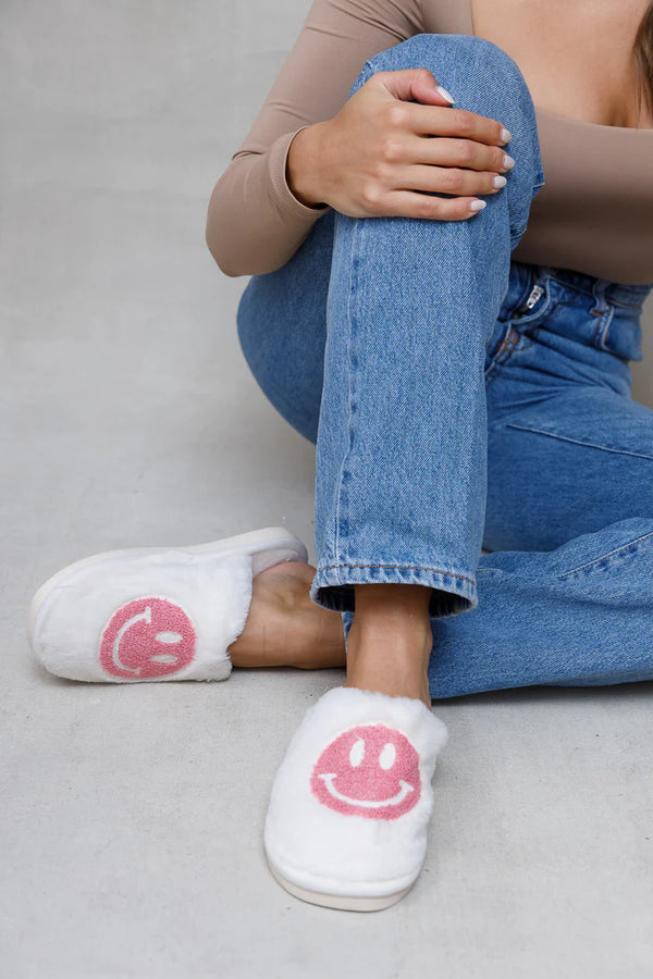Baby Pink Smiley Plush Slippers